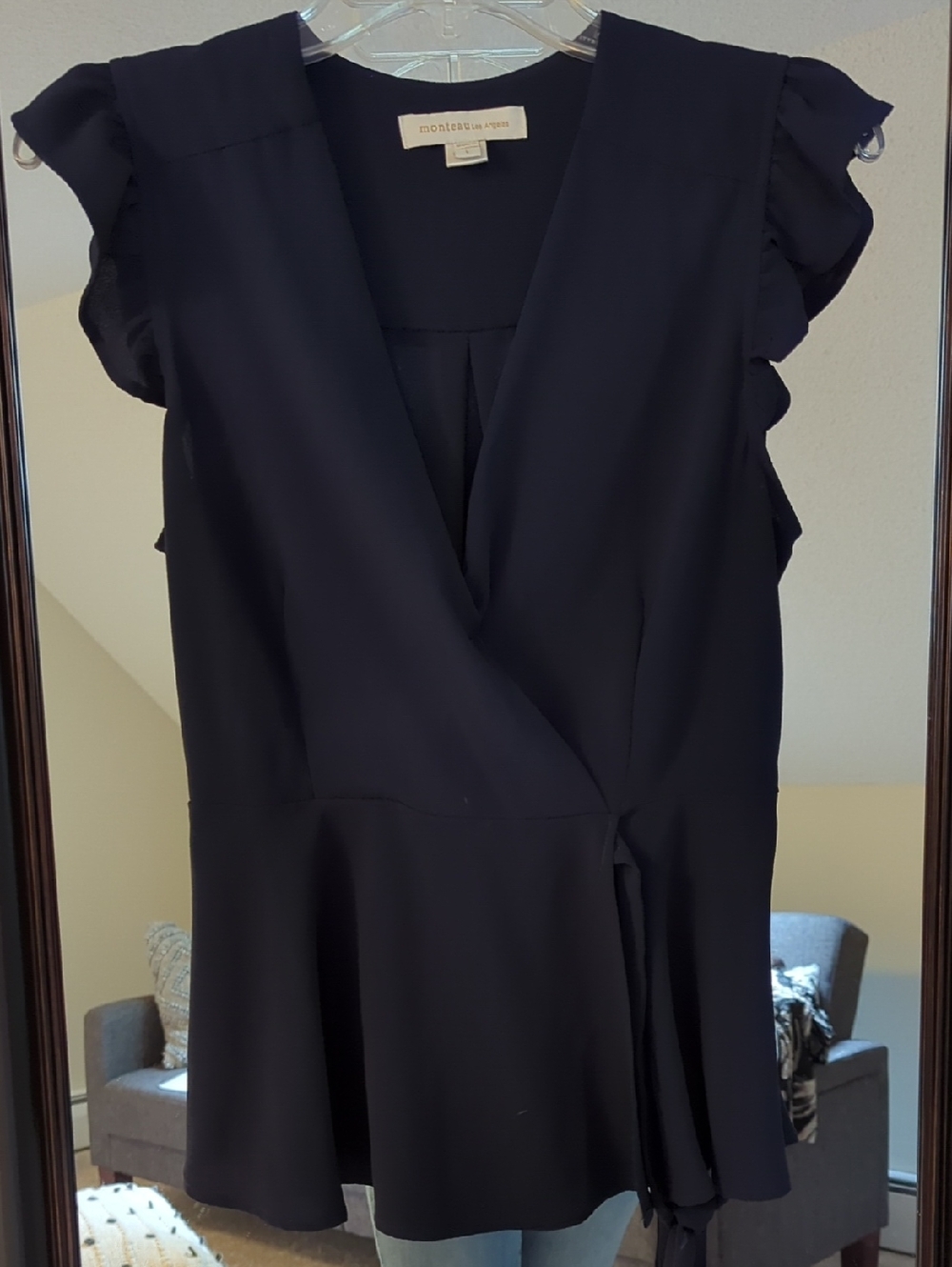 Monteau Faux Navy  Ruffle Sleeve Wrap Top Dress Size L